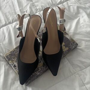 Dior Black and Beige Logo Slingback Pointed-Toe Heels